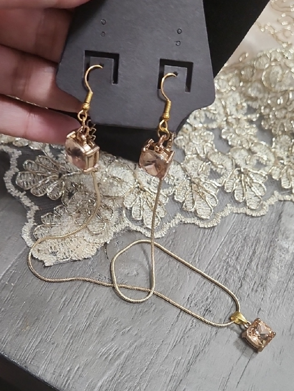 Gold-Tone Pink Crystal Pendant Necklace & Drop Earrings Set